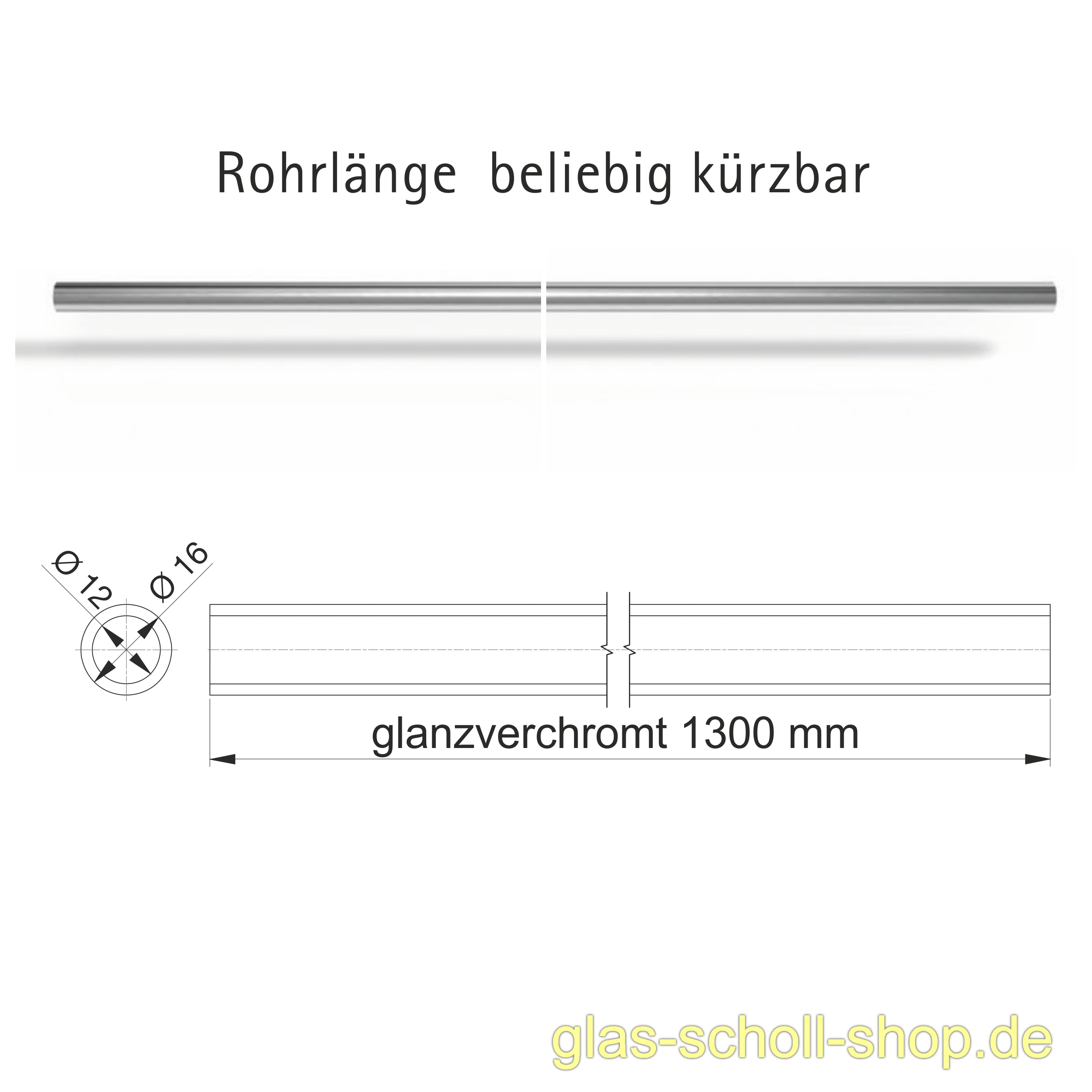 Artikelbild 1 des Artikels “einzelnes glanzverchromtes 16 mm Rohr 1,3 m (kürzbar) 1,3 m glanzverchromt (MS7)“