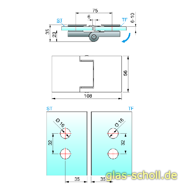 Artikelbild 2 des Artikels “Flinter Glas-Glas 180Grad Duschtürband glanzverchromt“