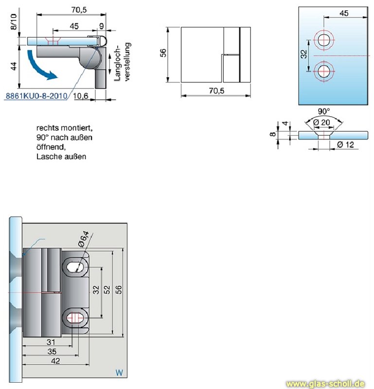Artikelbild 2 des Artikels “Nivello+ 90° Glas-Wand RECHTS Hebe-Senk AUSSENBEFESTIGUNG flächenbündig Anschlag glanzverchromt“