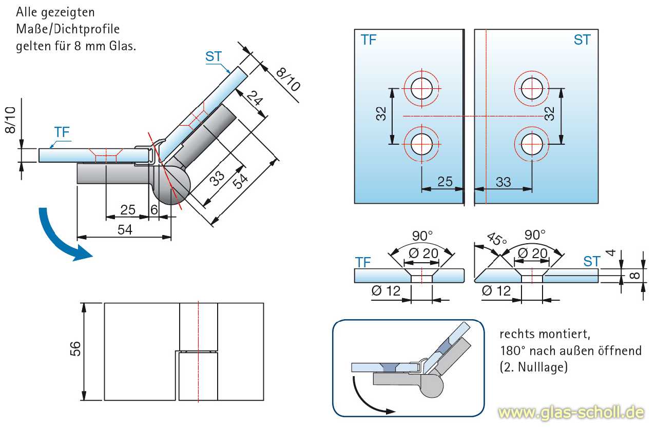 Artikelbild 2 des Artikels “Nivello+ 135° Glas-Glas RECHTS Hebe-Senk flächenbündig Anschlag glanzverchromt“