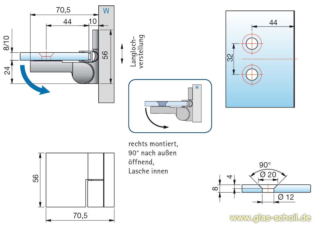 Artikelbild 2 des Artikels “Nivello+ 90° Glas-Wand RECHTS Hebe-Senk INNENBEFESTIGUNG flächenbündig Anschlag glanzverchromt“
