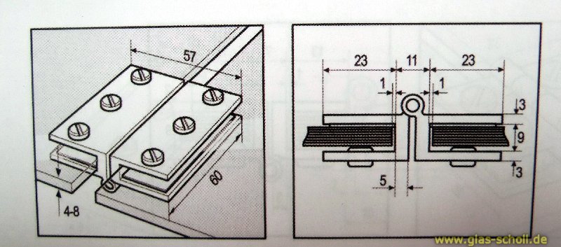 Artikelbild 2 des Artikels “Vitreasy 008 Möbelband, Glas-Glas Spiegel-Klapptürscharnier doppelt (groß oder klein) 57mm / 60 mm geklemmt “