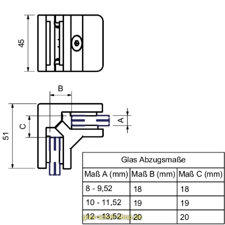 Artikelbild 2 des Artikels “Eck-Klemmhalter Edelstahl matt, Eckklemme flach, zum Verschrauben zweier Gläser im 90° Winkel 8-9,52 mm“