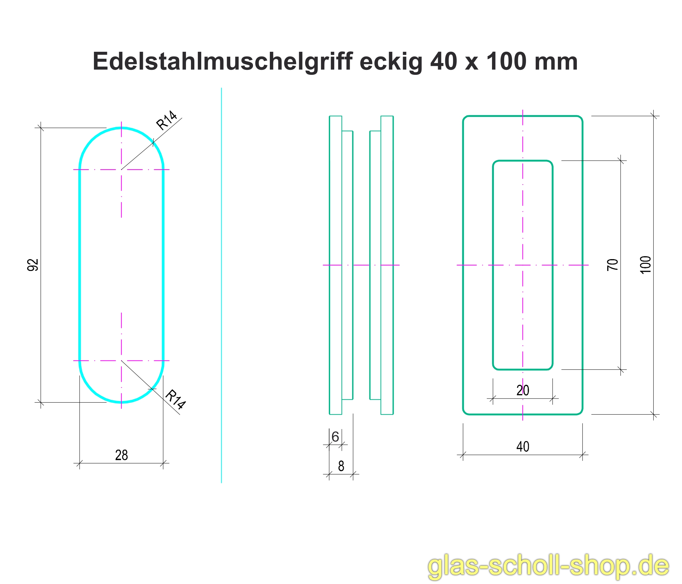 Artikelbild 2 des Artikels “einklebbare eckige Design Edelstahl Griffmuschel beidseitig 40 x 100 mm für 8-12 mm Materialstärke “