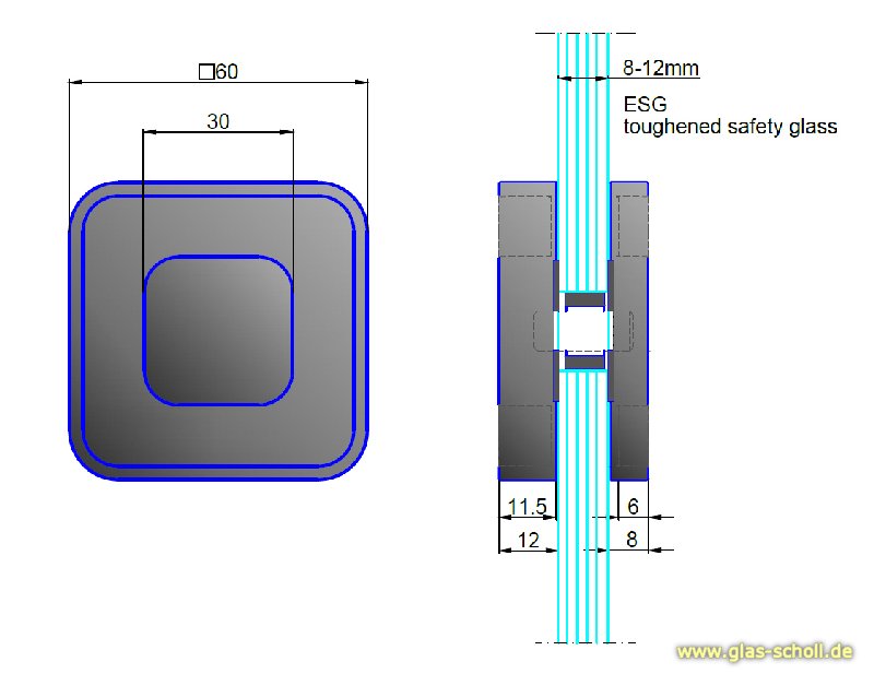 Artikelbild 2 des Artikels “Eckige MWE Edelstahl-Griffmuschel 60x60 Loch=16mm für 8-12mm beidseitig Edelstahl geschliffen“