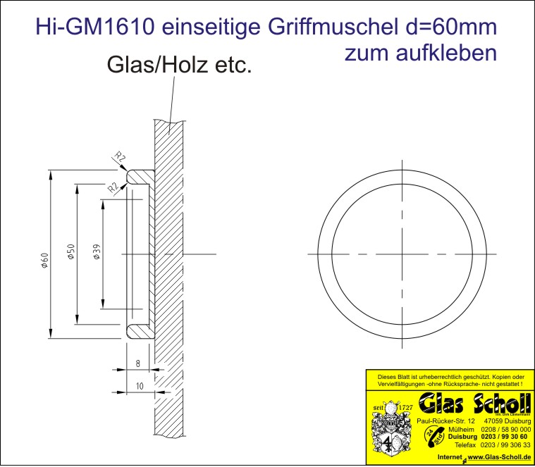 Artikelbild 2 des Artikels “einseitige aufklebbare Edelstahl Griffmuschel d=60 (Stk kein Paar) Edelstahl geschliffen“