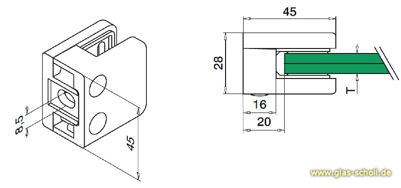Artikelbild 2 des Artikels “4x Glasklemmenhalter Edelstahl 45x45 eckig für Vierkantprofil (4er-Set) gebürstet“
