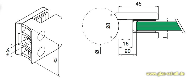 Artikelbild 2 des Artikels “Glasklemmenhalter Edelstahl 45x45 eckig (4er-Set) für Rundrohr gebürstet“