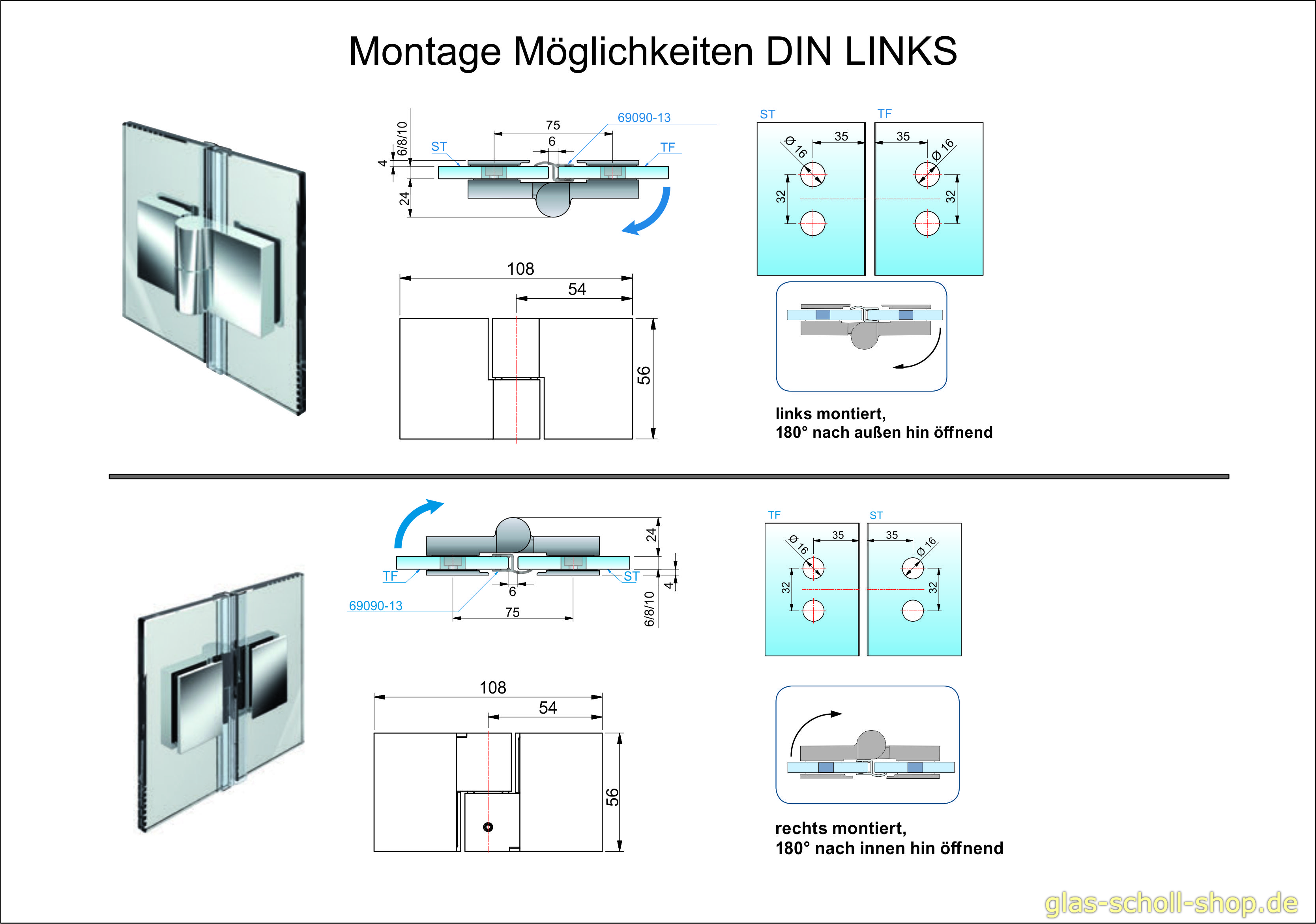 Artikelbild 2 des Artikels “Nivello 180° Glas-Glas wählbar in DIN RECHTS/LINKS Hebe-Senk-Anschlag Duschtürband glanzverchromt“