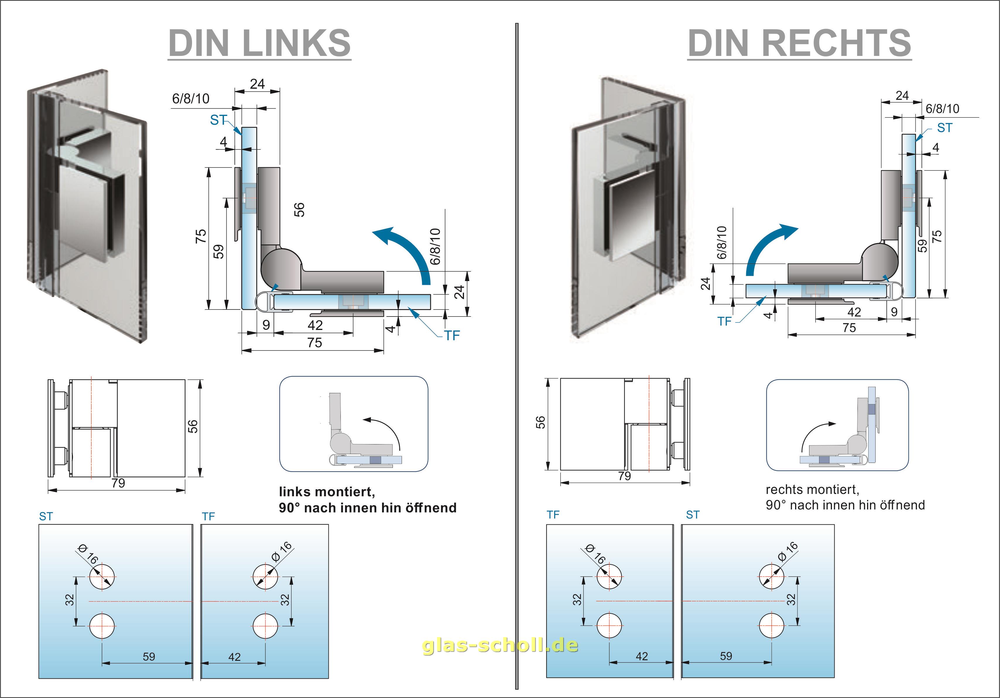 Artikelbild 2 des Artikels “Nivello 90° Glas-Glas wählbar in DIN RECHTS/LINKS Hebe-Senk-Anschlag Duschtürband glanzverchromt“
