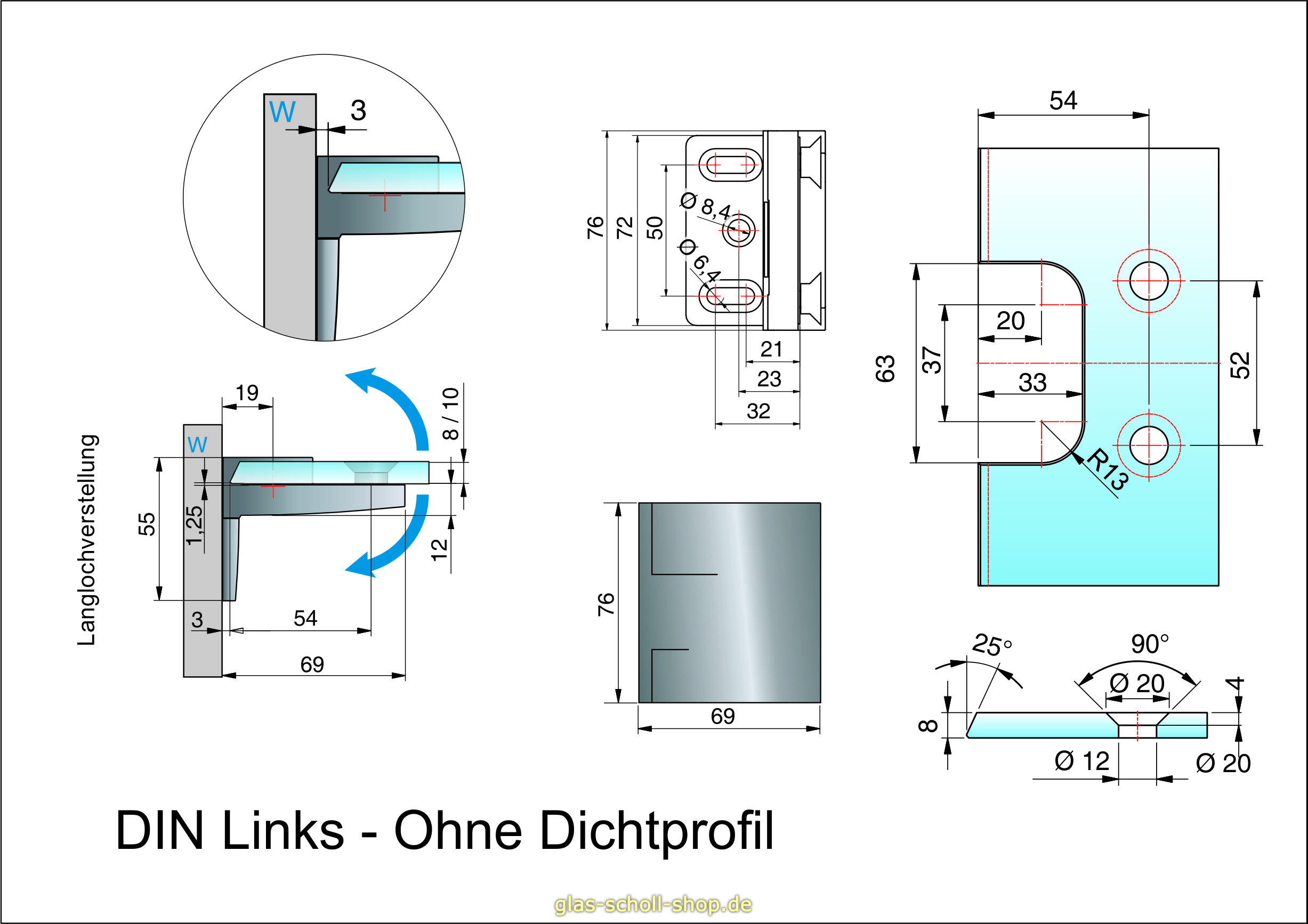 Artikelbild 2 des Artikels “Pavone flächenbündiges Hebe-Senk-Pendel Duschtürband Glas-Wand 90° Anschraublasche außen “