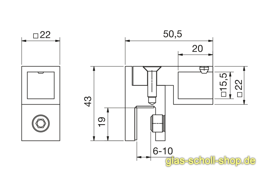 Artikelbild 2 des Artikels “drehbarer Glas-Adapter für quadr. Stabilisierungsstange 15x15 glanzverchromt“