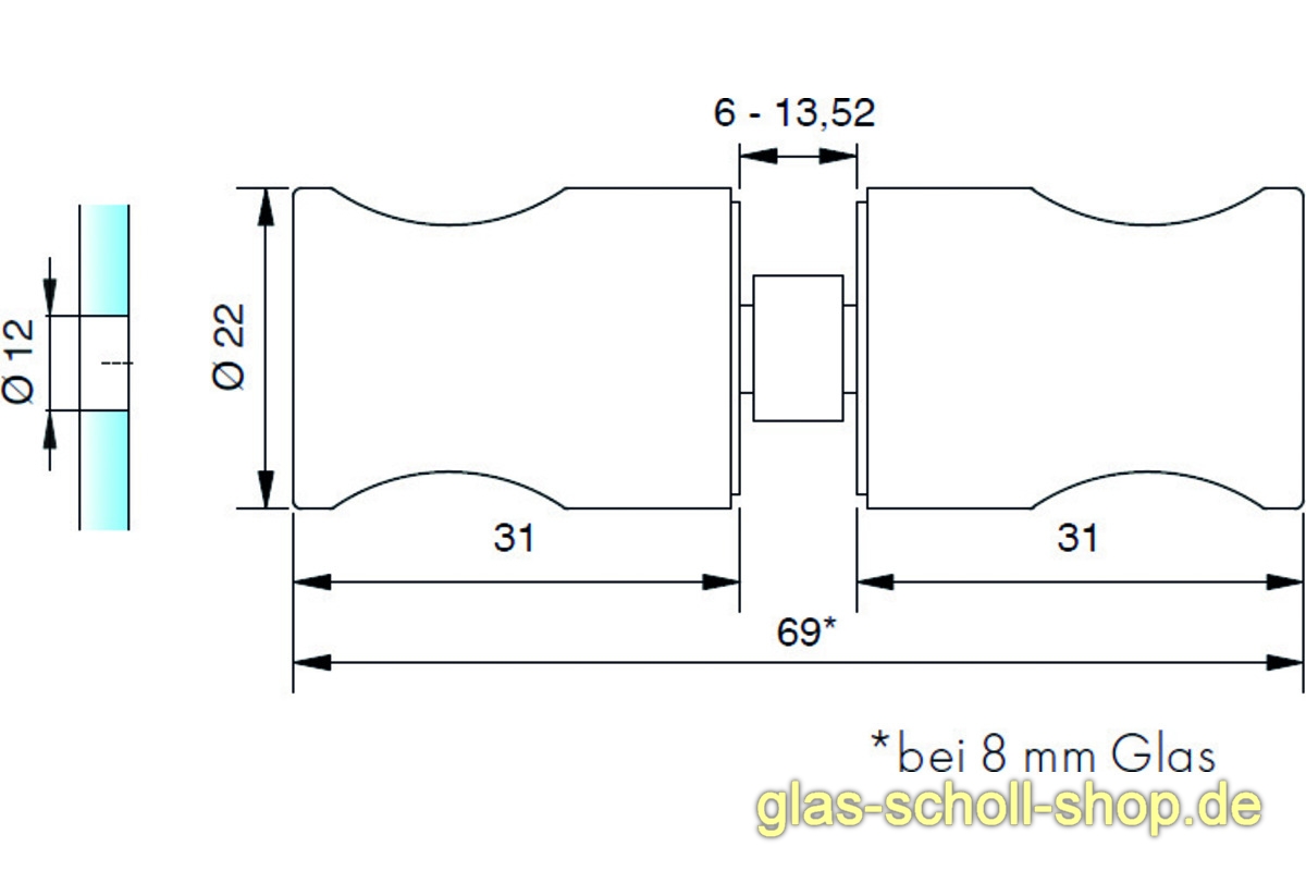 Artikelbild 2 des Artikels “runder beidseitiger Glastürknopf für 6-13,52 mm Glas für 12 mm Bohrung glanzverchromt“