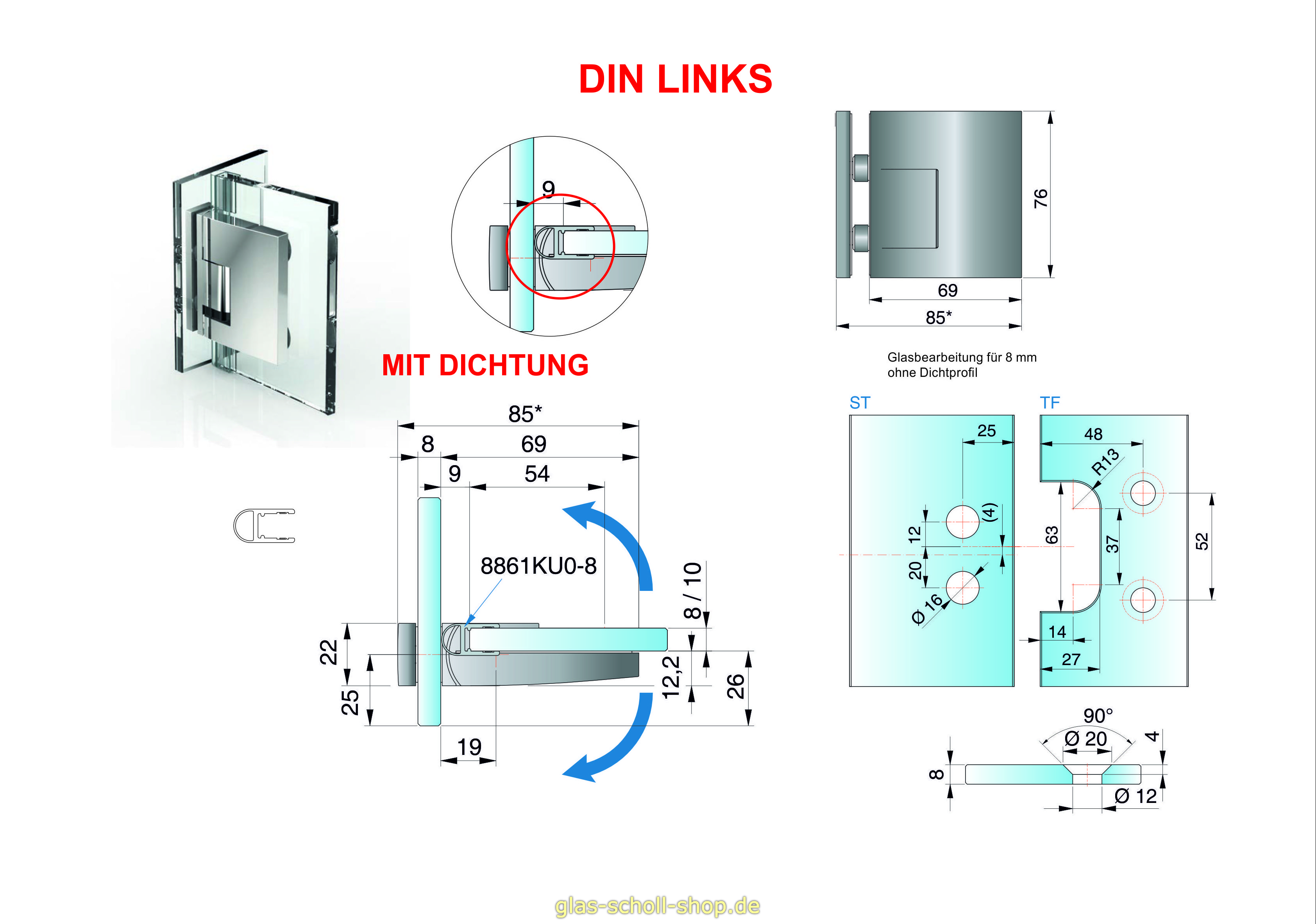Artikelbild 2 des Artikels “Pavone flächenbündiges Hebe-Senk-Pendel Duschtürband Glas-Glas 90° wahlweise für DIN links/DIN rechts glanzverchromt“