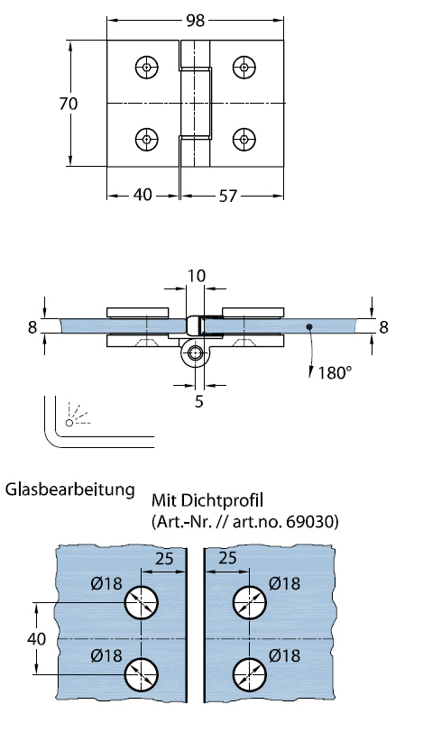 Artikelbild 3 des Artikels “Wellness Glas-Glas 180Grad Duschtürband  (nach innen öffnend) glanzverchromt“