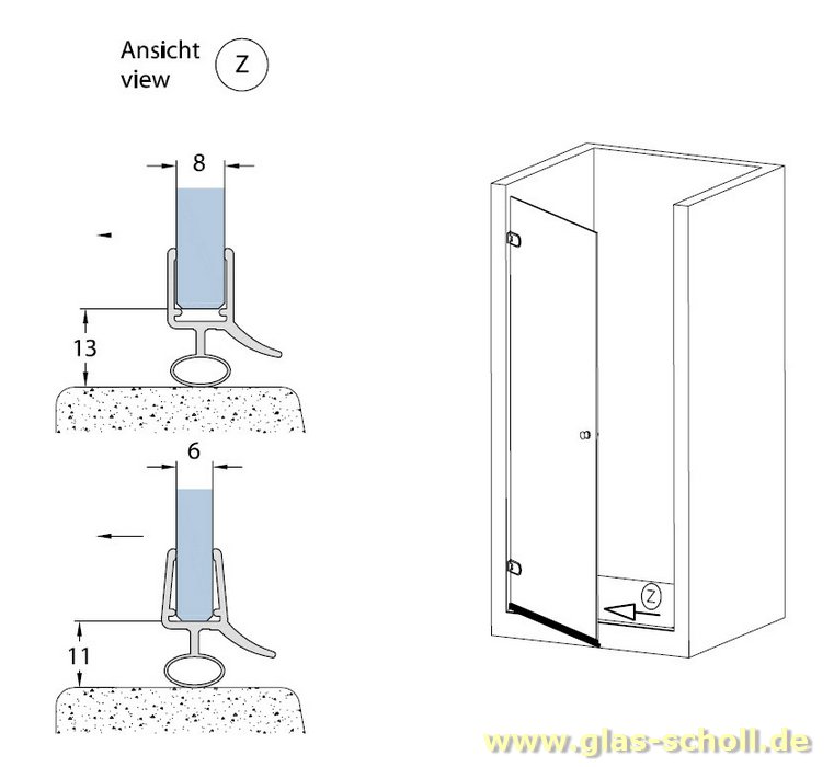 Artikelbild 3 des Artikels “unteres Wasserabweisprofil mit 135° Lippe und Rundbalg (1000mm) 6-8mm Glas “