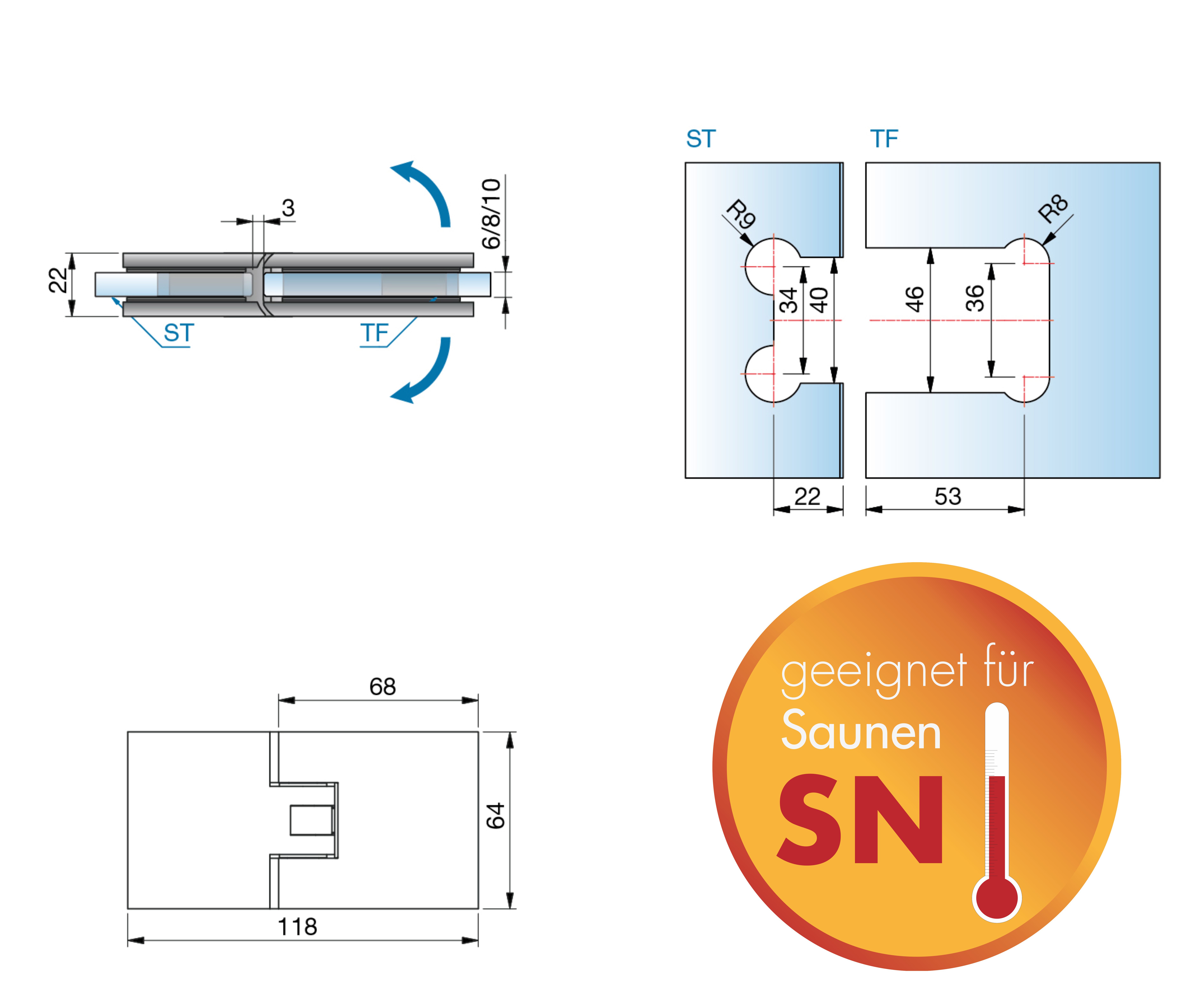 Artikelbild 3 des Artikels “Sauna-Flamea+ 180° extrastark Glas-Glas Pendel-Duschtürband (verdeckte Verschraubung) glanzverchromt“
