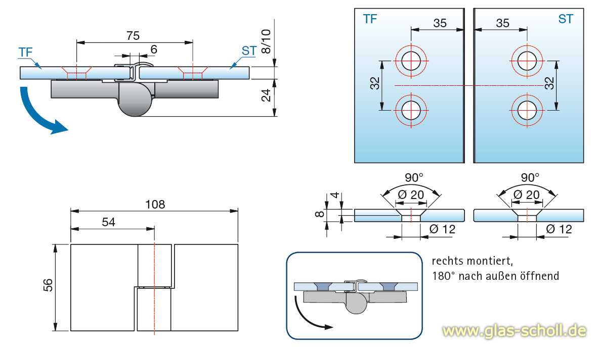 Artikelbild 3 des Artikels “Nivello+ 180° Glas-Glas RECHTS Hebe-Senk flächenbündig Anschlag glanzverchromt“