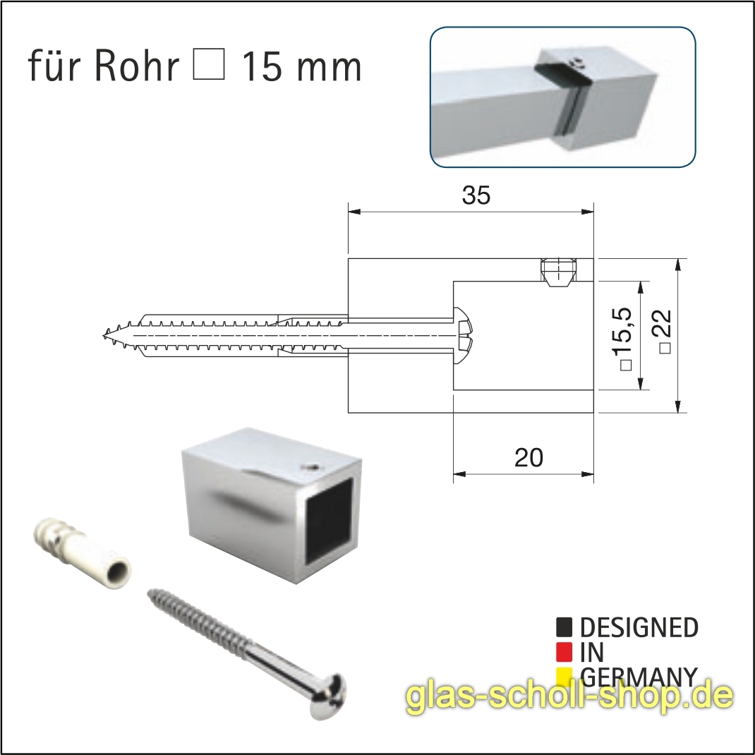 Artikelbild 3 des Artikels “stumpfer 90° Wandadapter für quadr. Stabilisierungsstange 15x15 GLAS-WAND glanzverchromt“
