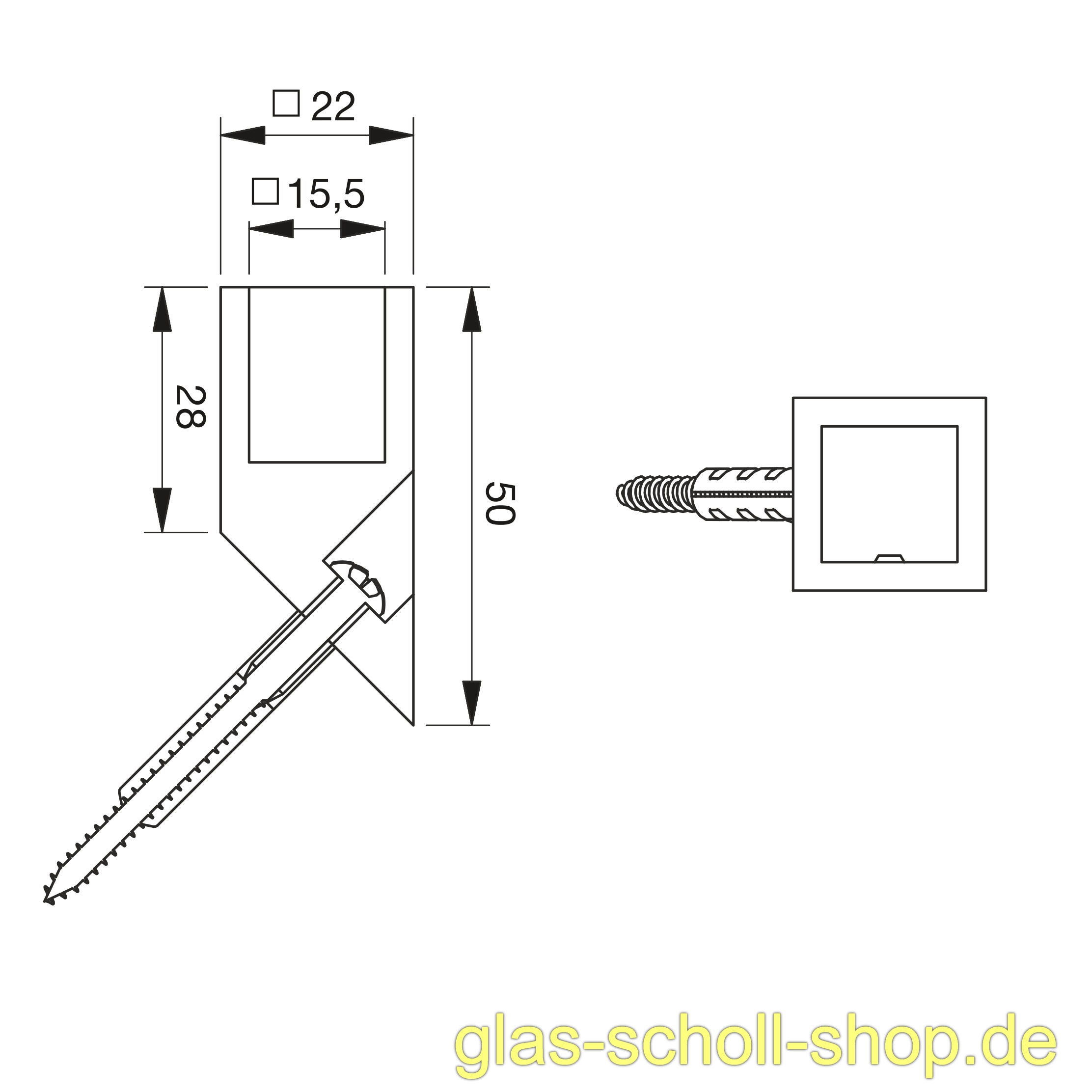Artikelbild 3 des Artikels “schräger 45° Wandadapter für quadr. Stabilisierungsstange 15x15 GLAS-WAND glanzverchromt“