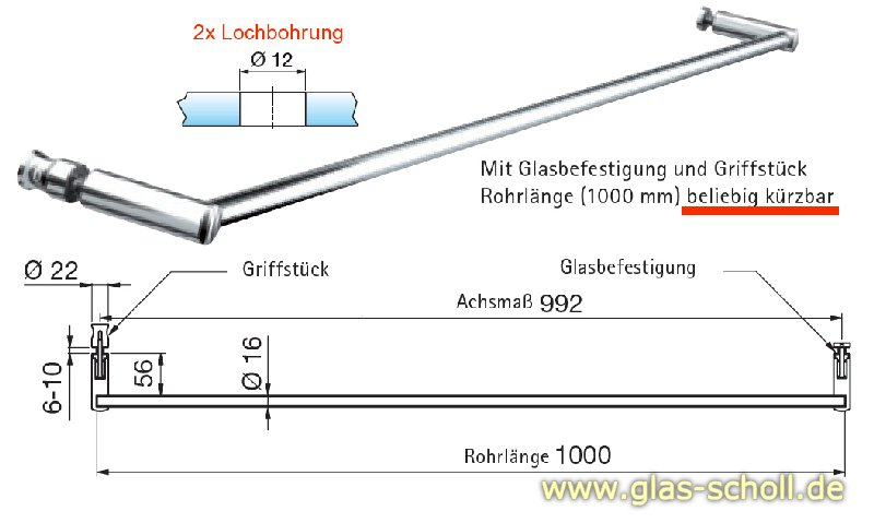 Artikelbild 3 des Artikels “Handtuchhalter RUND mit innerem Griff für Montage im Glas 1000  mm (kürzbar) P8686-mit-Griff-erhaben“