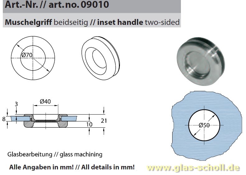 Artikelbild 3 des Artikels “runde Edelstahl-Griffmuschel d=70 für Loch=50 einseitig flach “