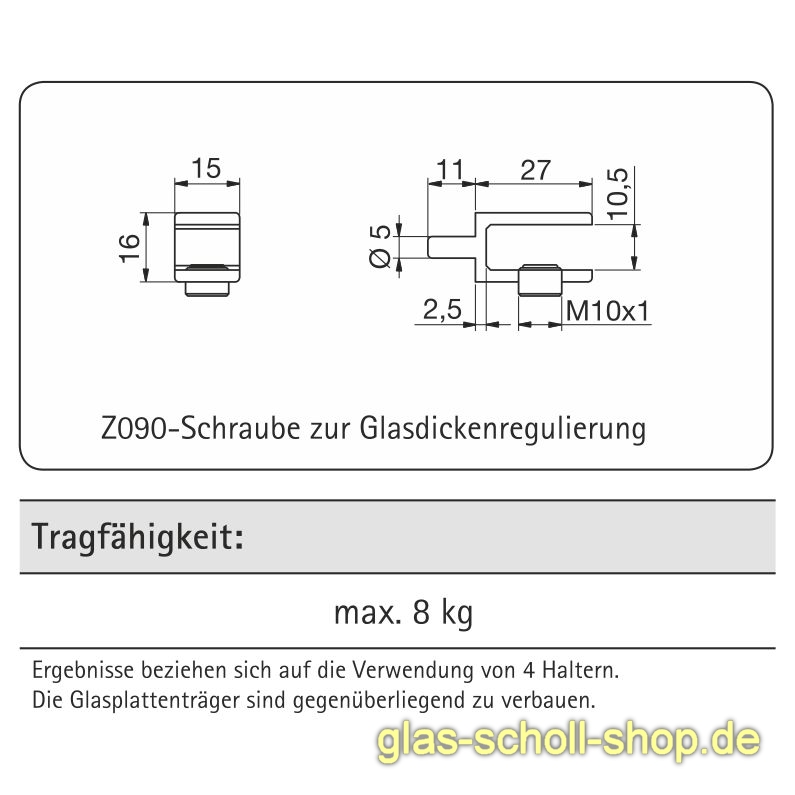 Artikelbild 3 des Artikels “Glasplattenträger rechteckig 15x27 Glasstärke 6-10 mm für Lochrasterschränke glanzverchromt“