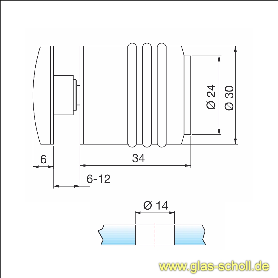 Artikelbild 3 des Artikels “einseitiger Türgriff mit einseitigem Puffer+Gummiringen d=30 Lochbohrung 14mm MS7 glanzverchromt“