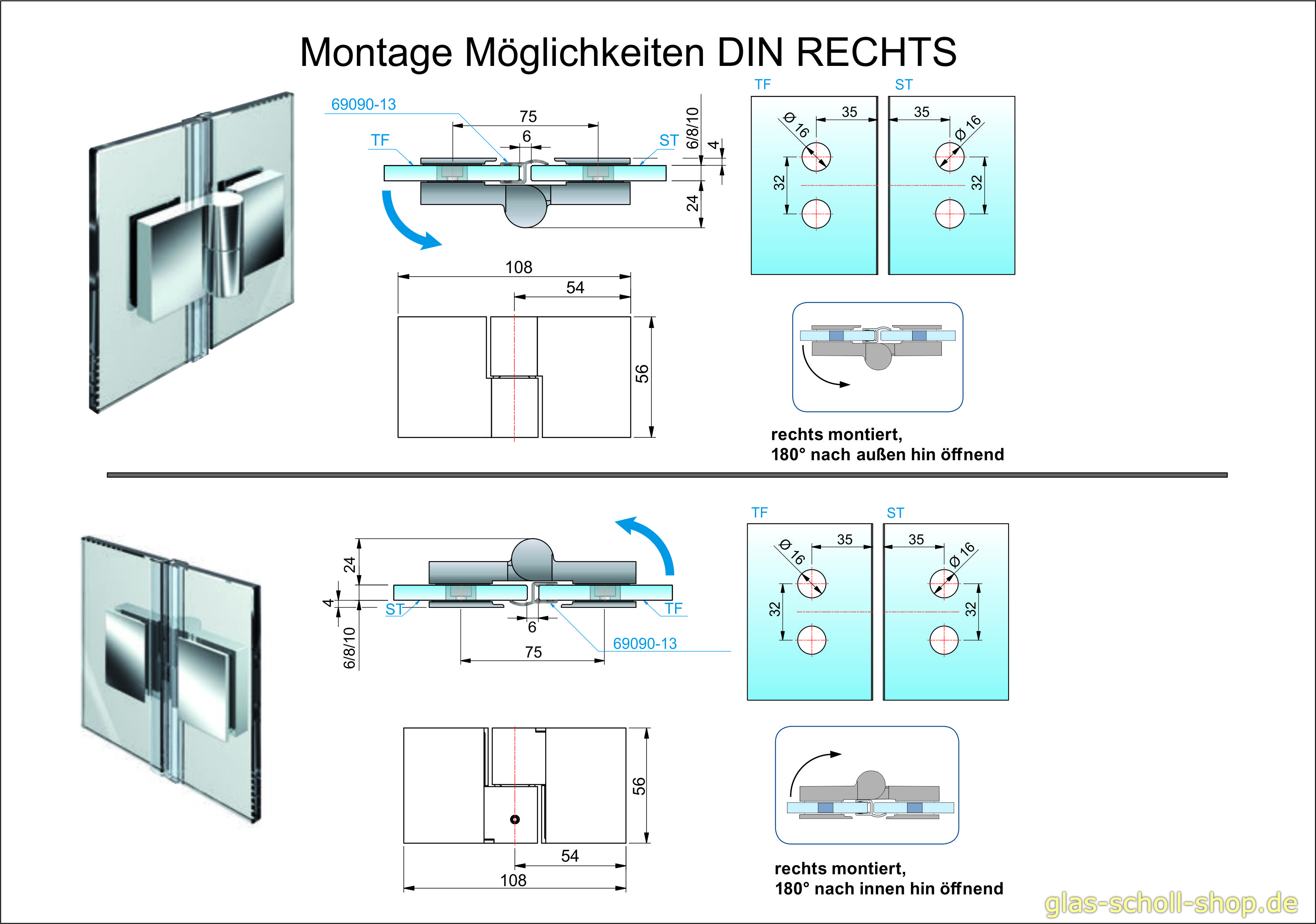 Artikelbild 3 des Artikels “Nivello 180° Glas-Glas wählbar in DIN RECHTS/LINKS Hebe-Senk-Anschlag Duschtürband glanzverchromt“
