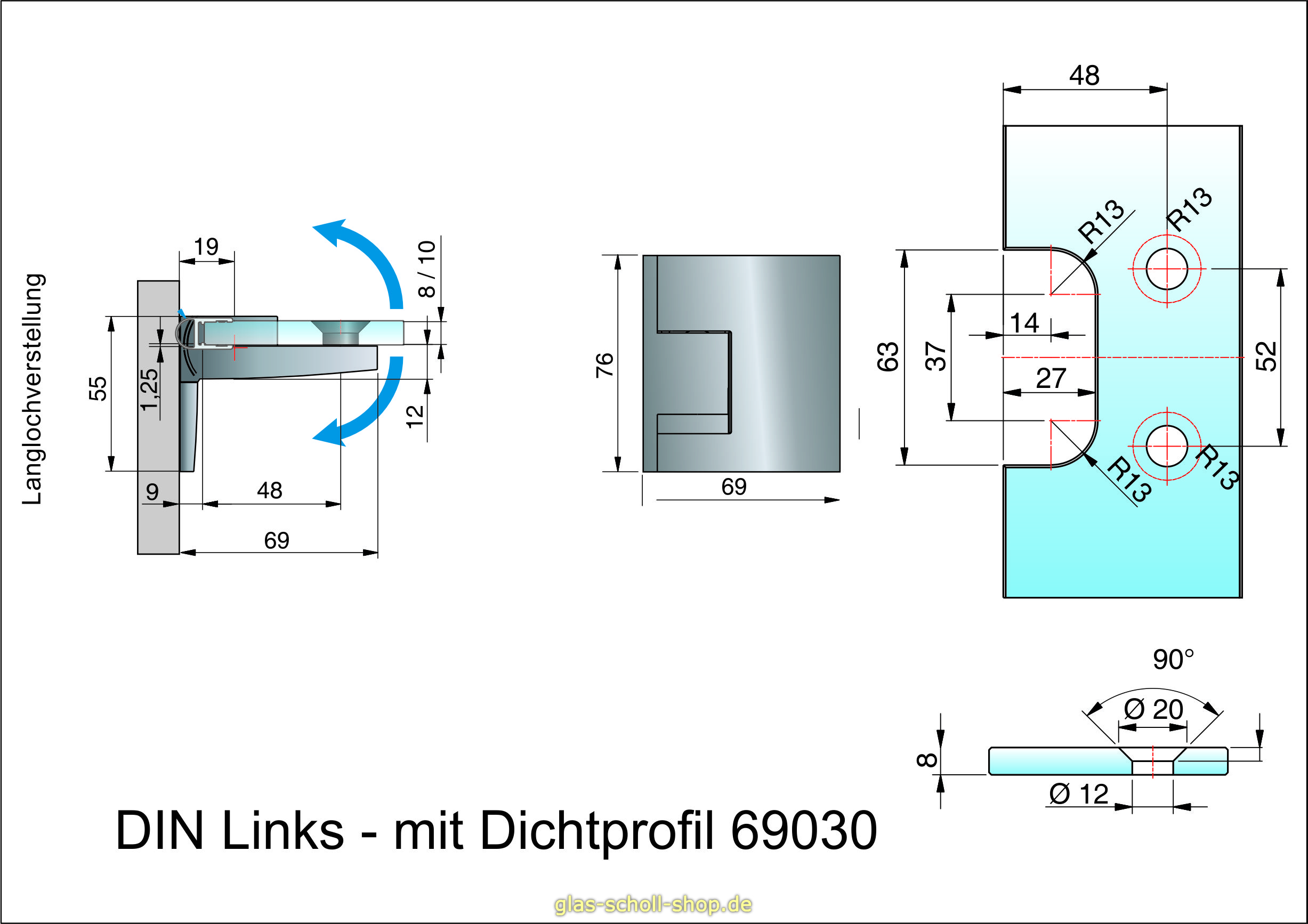 Artikelbild 3 des Artikels “Pavone flächenbündiges Hebe-Senk-Pendel Duschtürband Glas-Wand 90° Anschraublasche außen “