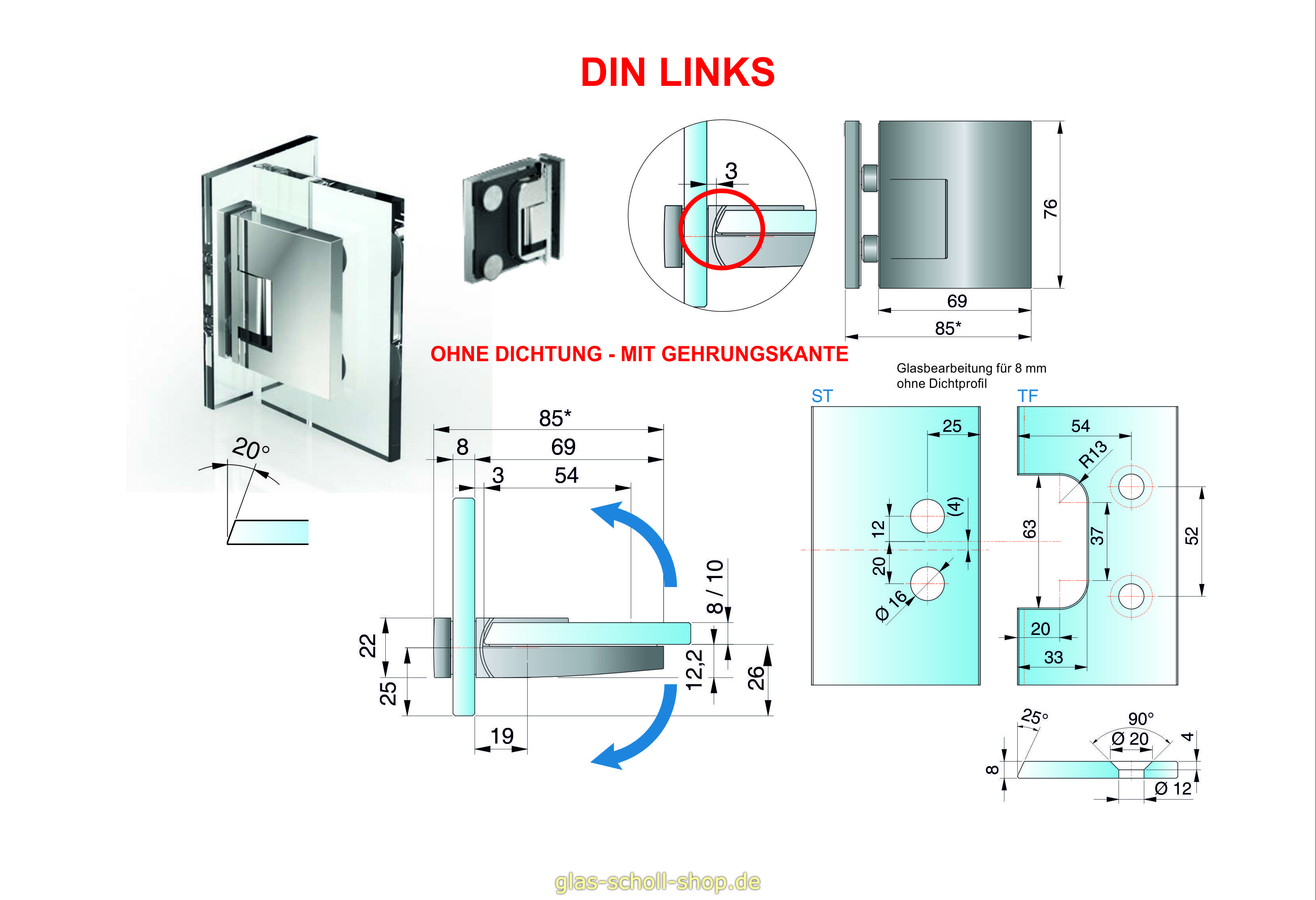 Artikelbild 3 des Artikels “Pavone flächenbündiges Hebe-Senk-Pendel Duschtürband Glas-Glas 90° wahlweise für DIN links/DIN rechts glanzverchromt“