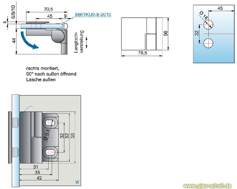 Artikelbild 4 des Artikels “Nivello 90° Glas-Wand RECHTS Hebe-Senk AUSSENBEFESTIGUNG Anschlag glanzverchromt“