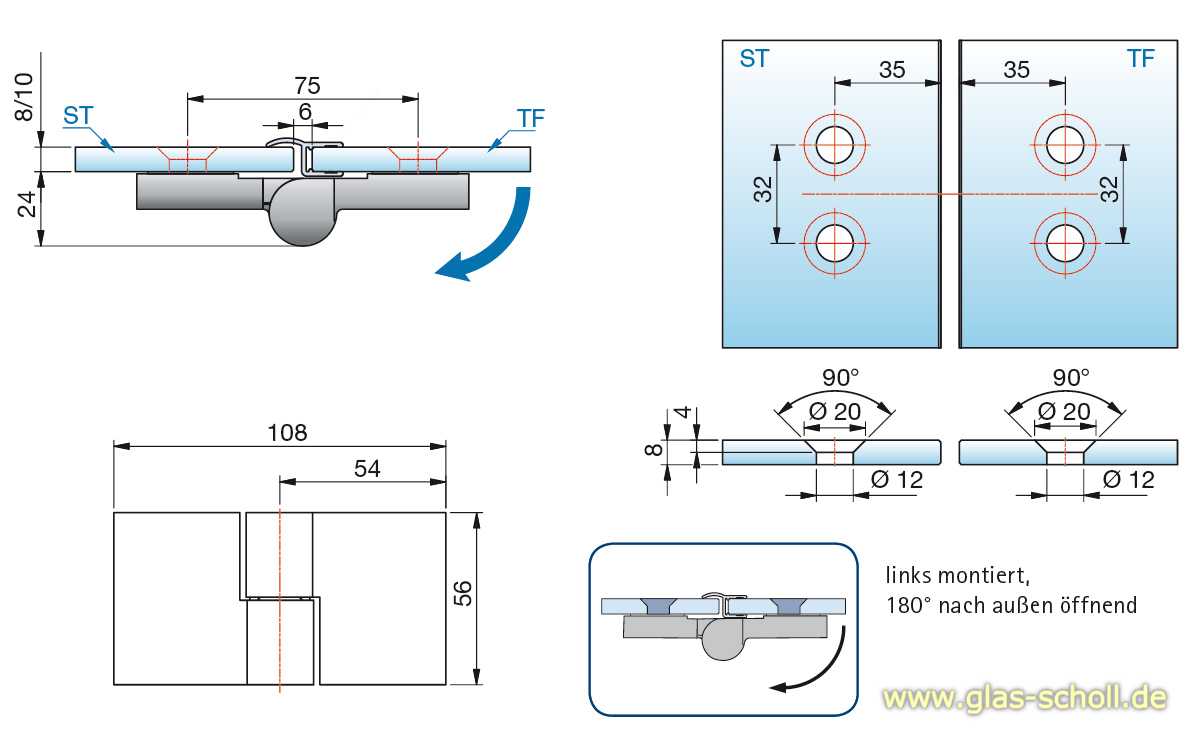 Artikelbild 4 des Artikels “Nivello+ 180° Glas-Glas LINKS Hebe-Senk flächenbündig Anschlag glanzverchromt“