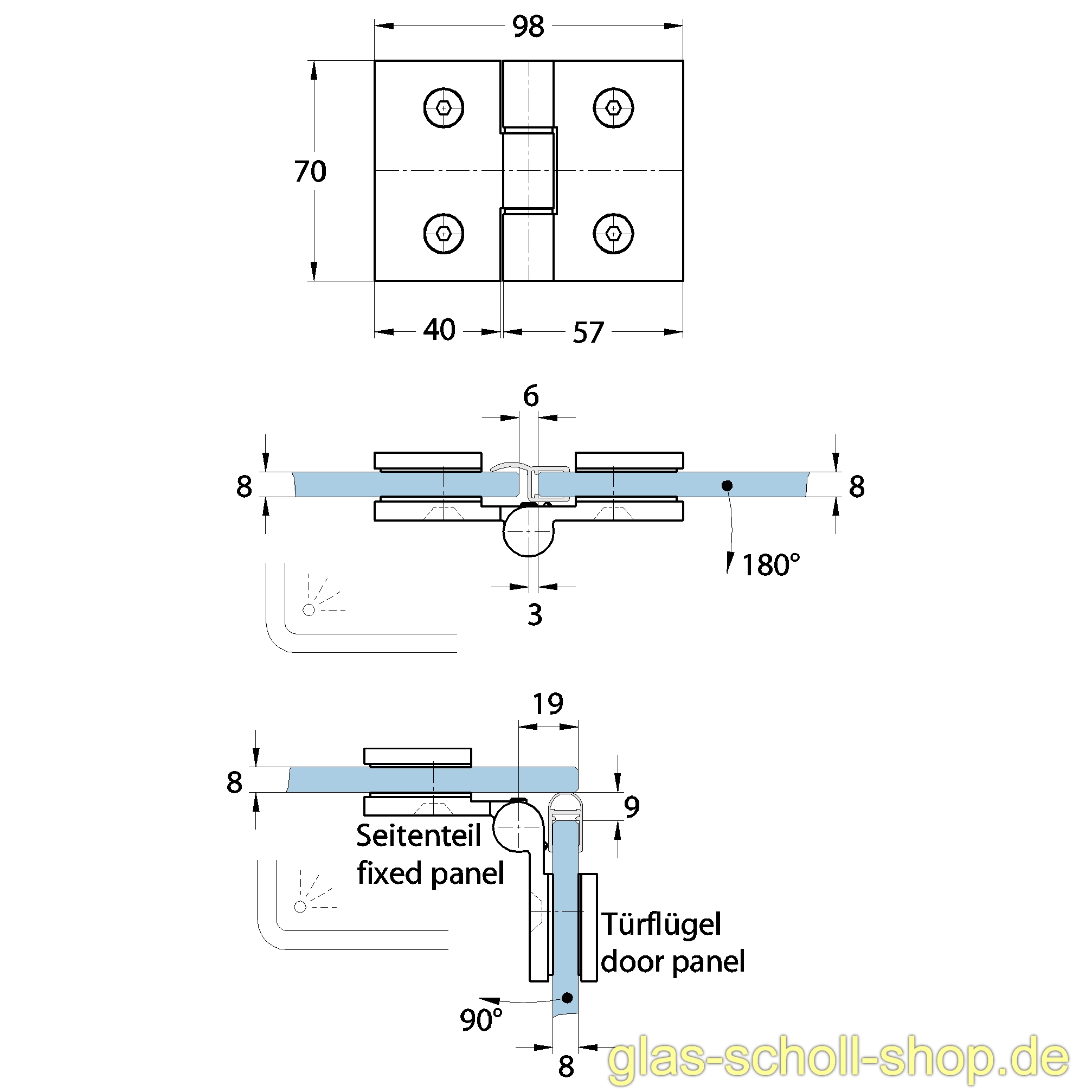 Artikelbild 4 des Artikels “Wellness PREMIUM Glas-Glas DIN links 180Grad Duschtürband (nach innen öffnend) glanzverchromt“