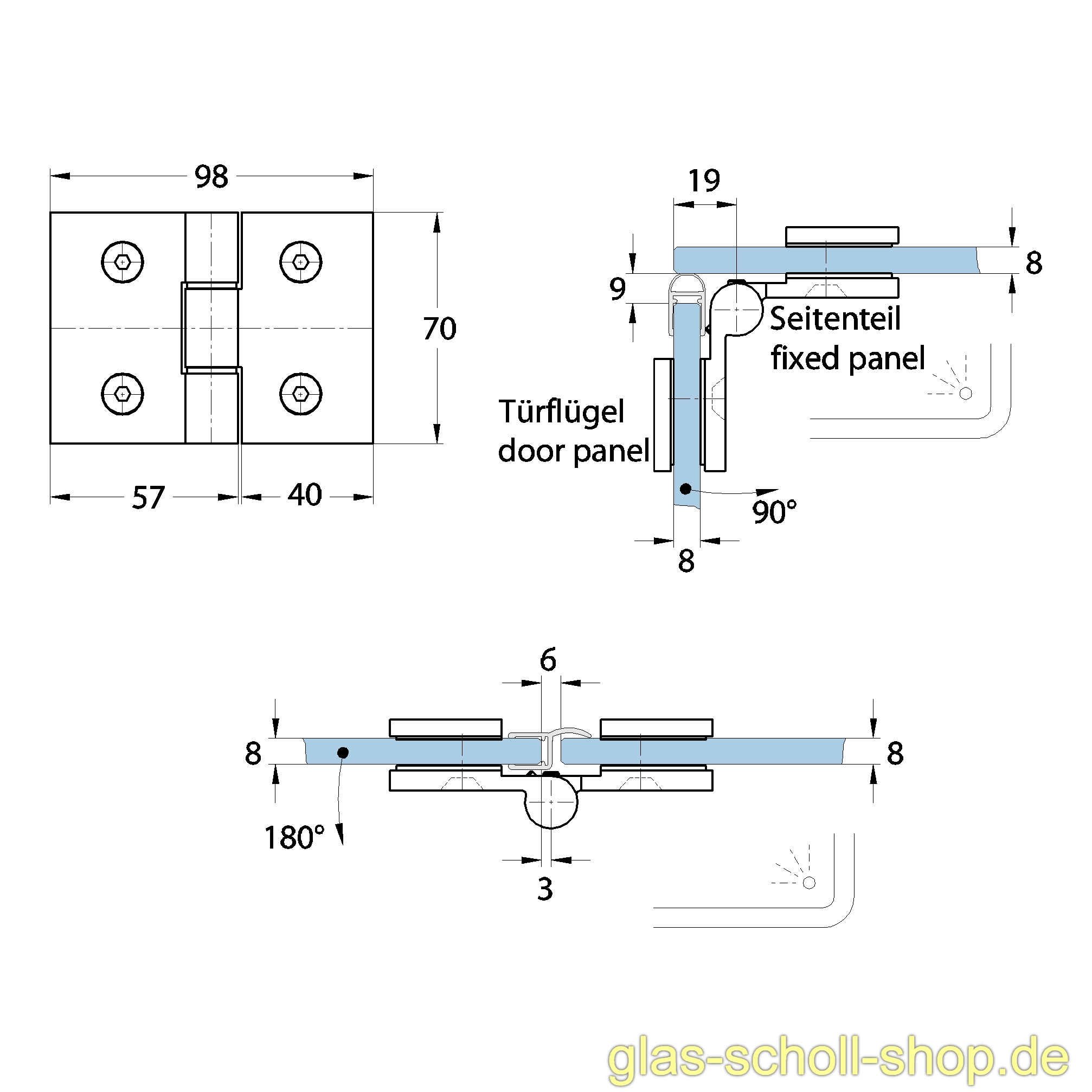 Artikelbild 4 des Artikels “Wellness PREMIUM Glas-Glas DIN rechts 180Grad Duschtürband (nach innen öffnend) glanzverchromt“