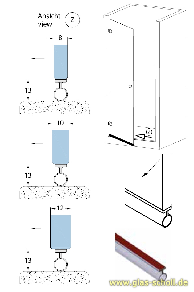 Artikelbild 4 des Artikels “selbstklebendes unteres/seitliches Abweisprofil mit Balg (2500mm) für 8-12mm Glas “