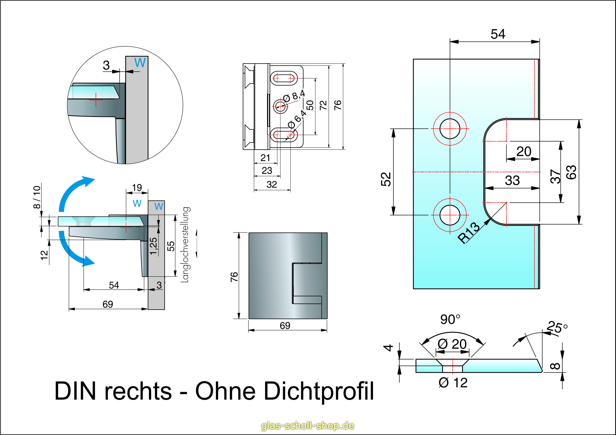 Artikelbild 4 des Artikels “Pavone flächenbündiges Hebe-Senk-Pendel Duschtürband Glas-Wand 90° Anschraublasche außen “