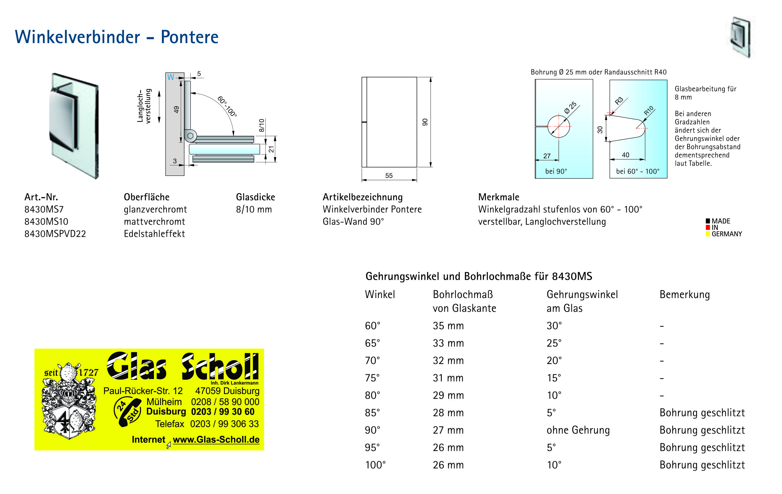 Artikelbild 4 des Artikels “Pontere 60°-100° Glas-Wand Winkelverbinder (verstellbare Winkelgradzahl) glanzverchromt“