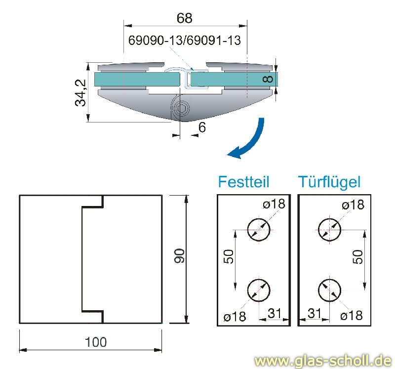 Artikelbild 4 des Artikels “Papillon 180° Glas-Glas Duschtür-Anschlagband (selbstschl. Magnettechnik) glanzverchromt“