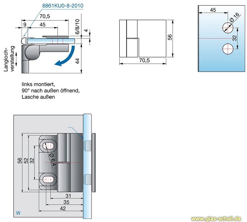 Artikelbild 5 des Artikels “Nivello 90° Glas-Wand LINKS Hebe-Senk AUSSENBEFESTIGUNG Anschlag glanzverchromt“