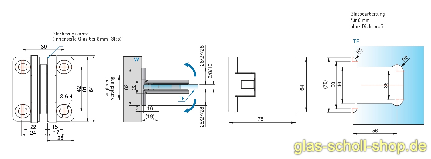 Artikelbild 5 des Artikels “Flamea+ 90° Glas-Wand Pendel-Duschtürband beids. Befestigungslasche glanzverchromt“