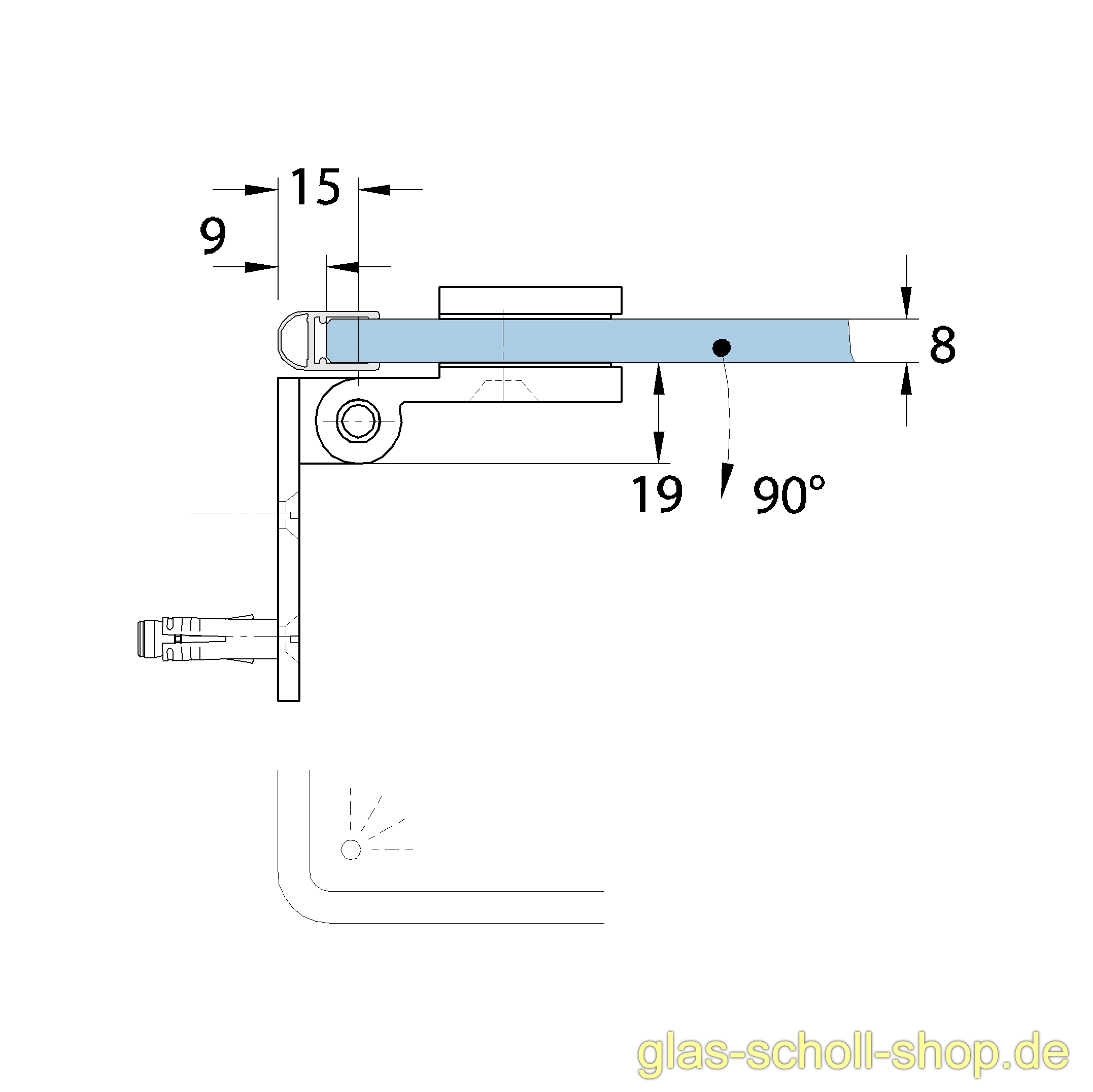 Artikelbild 5 des Artikels “Wellness Glas-Wand 90Grad Duschtürband  (nach innen hin öffnend) glanzverchromt“