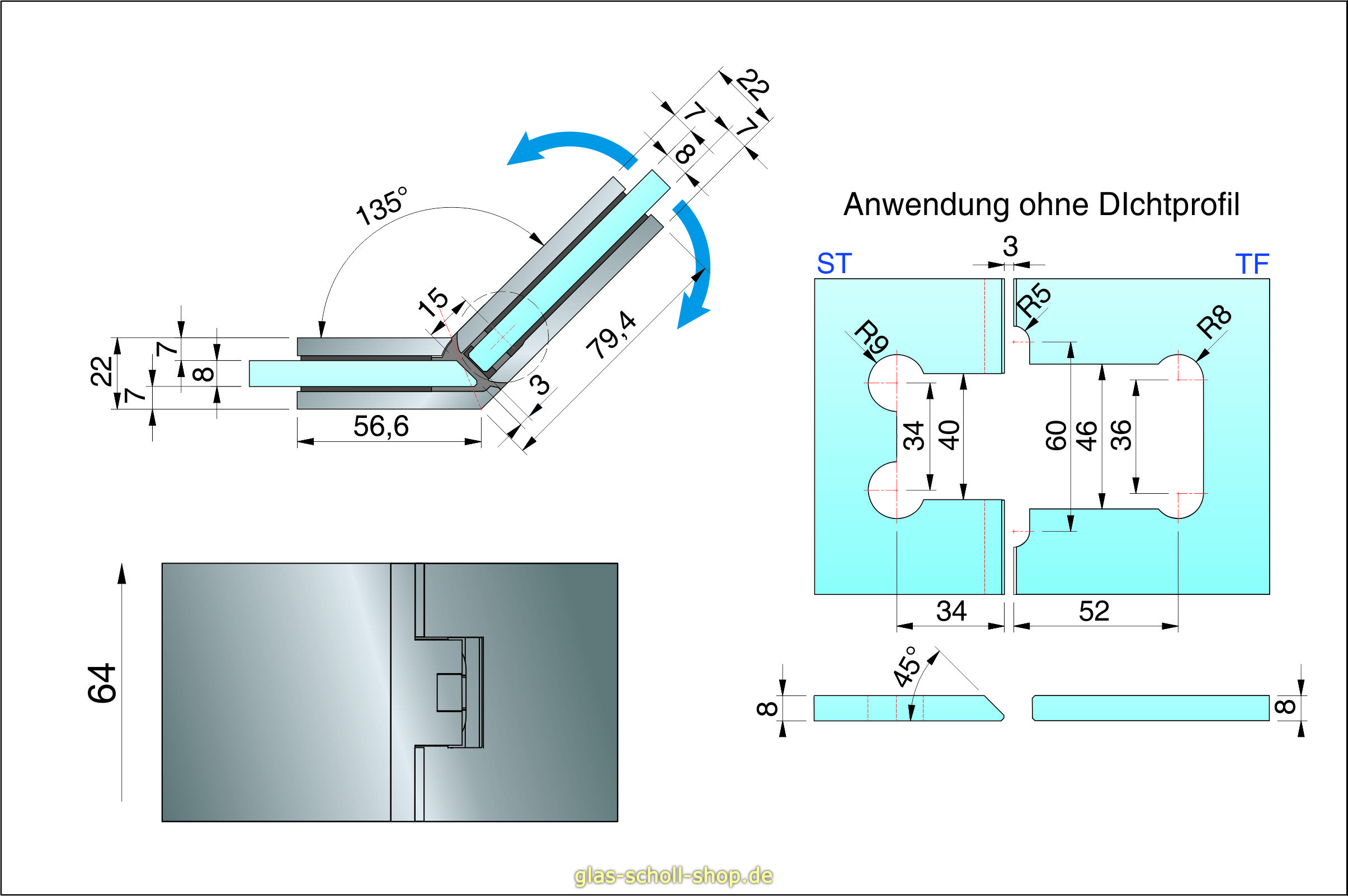 Artikelbild 5 des Artikels “Flamea+ 135° extrastark Glas-Glas Pendel-Duschtürband (verdeckte Verschraubung) “