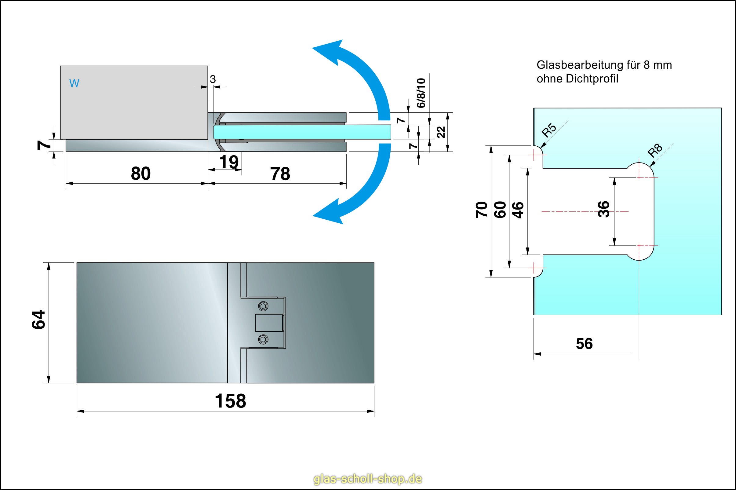 Artikelbild 5 des Artikels “Flamea+ 180° extrastark Glas-Wand Pendel-Duschtürband (verdeckte Verschraubung) “