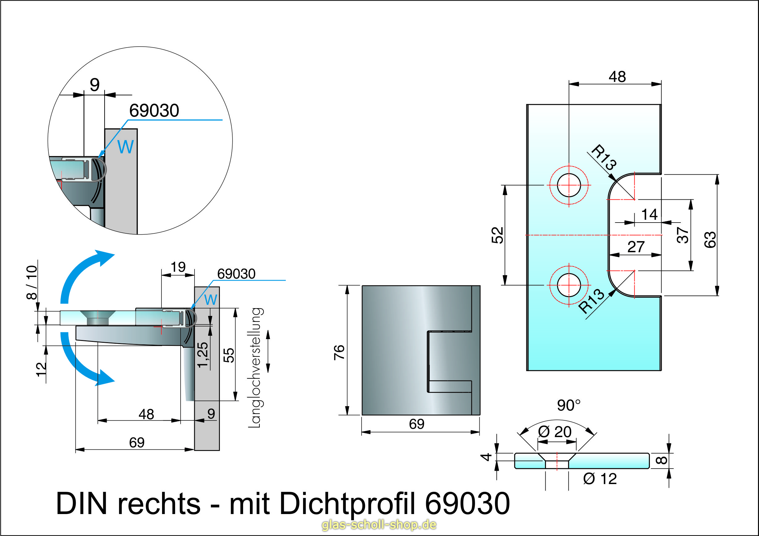 Artikelbild 5 des Artikels “Pavone flächenbündiges Hebe-Senk-Pendel Duschtürband Glas-Wand 90° Anschraublasche außen “