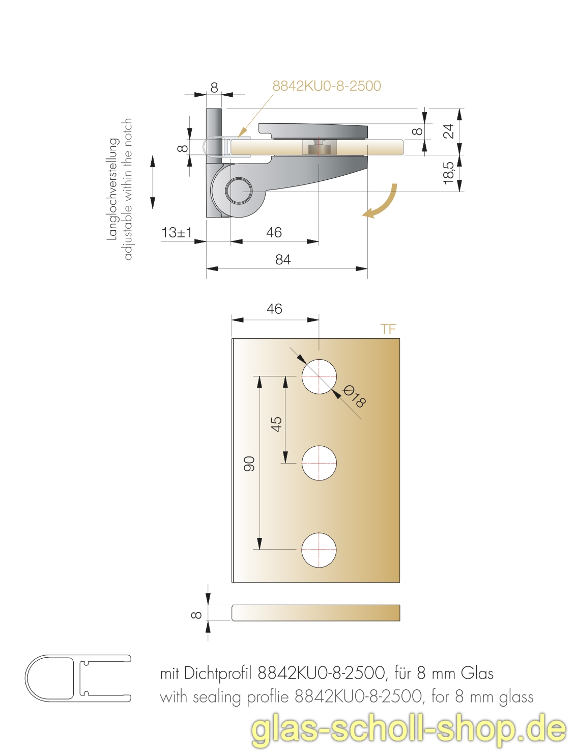 Artikelbild 5 des Artikels “TURA SCHWERLASTBAND Glas-Wand 90Grad nach außen öffnend Duschür glanzverchromt“