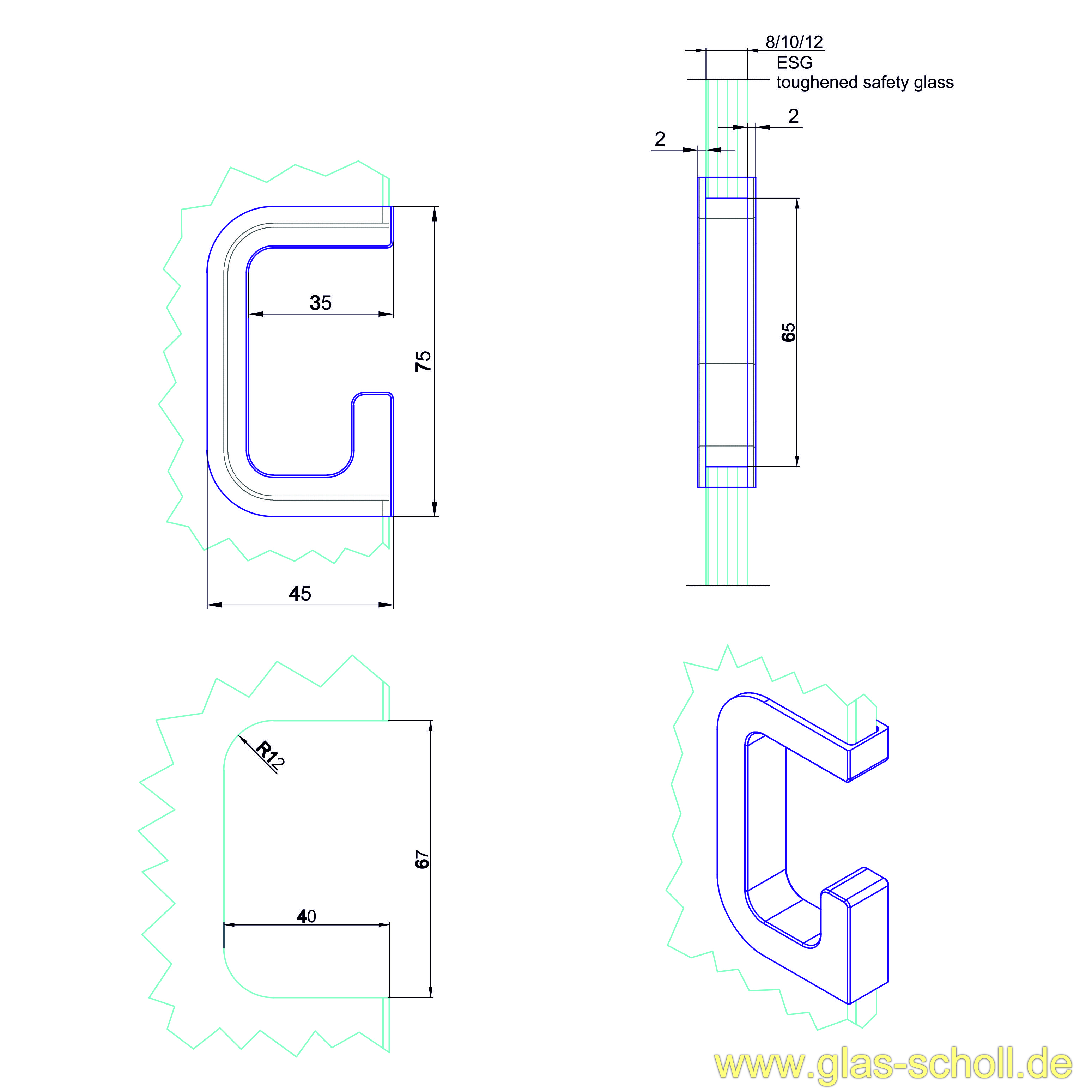 Artikelbild 6 des Artikels “Design G-Edelstahl-Griffmuschel für Schiebetüren für 8mm Glas geschliffen“