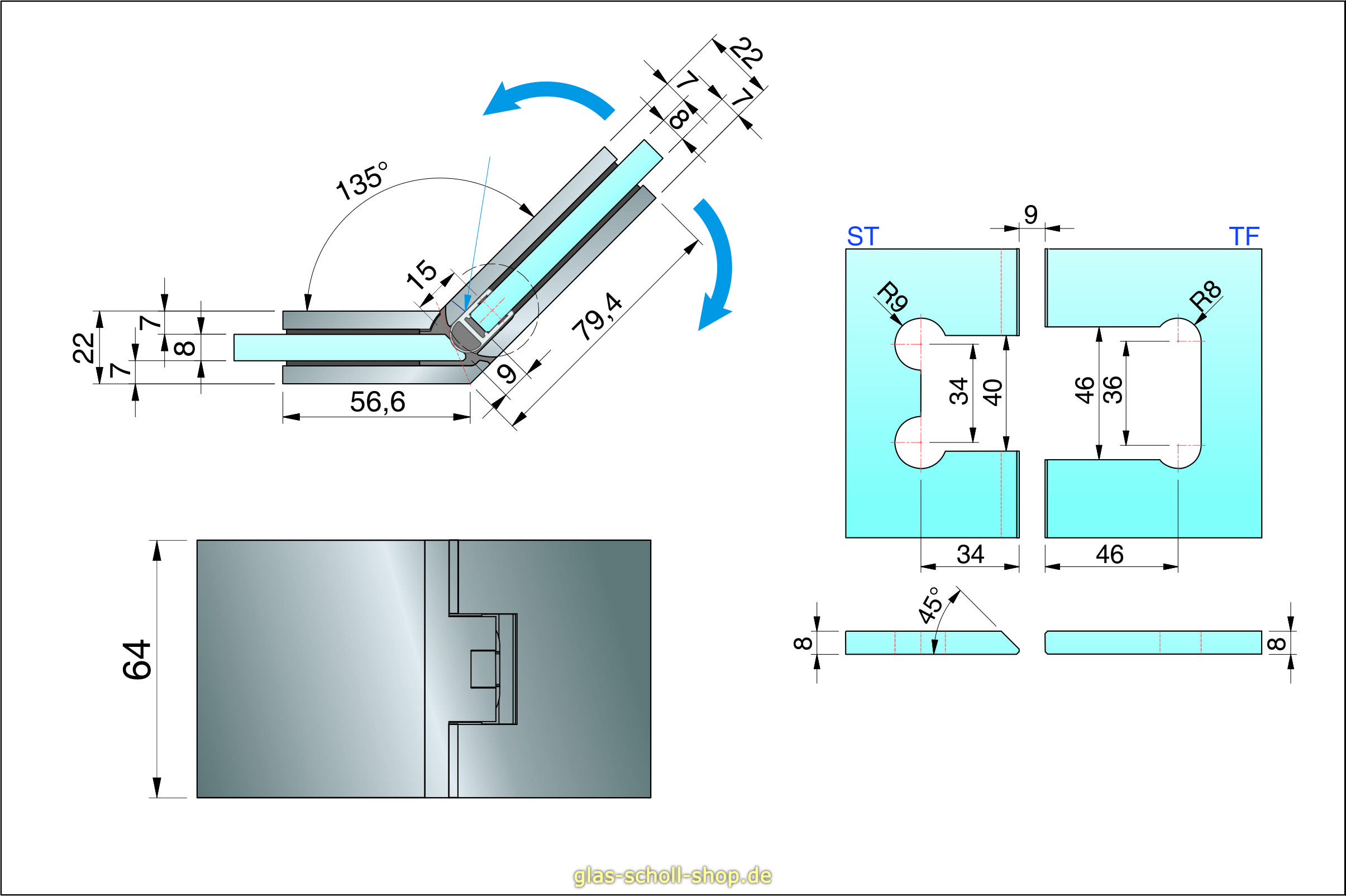 Artikelbild 6 des Artikels “Flamea+ 135° extrastark Glas-Glas Pendel-Duschtürband (verdeckte Verschraubung) “