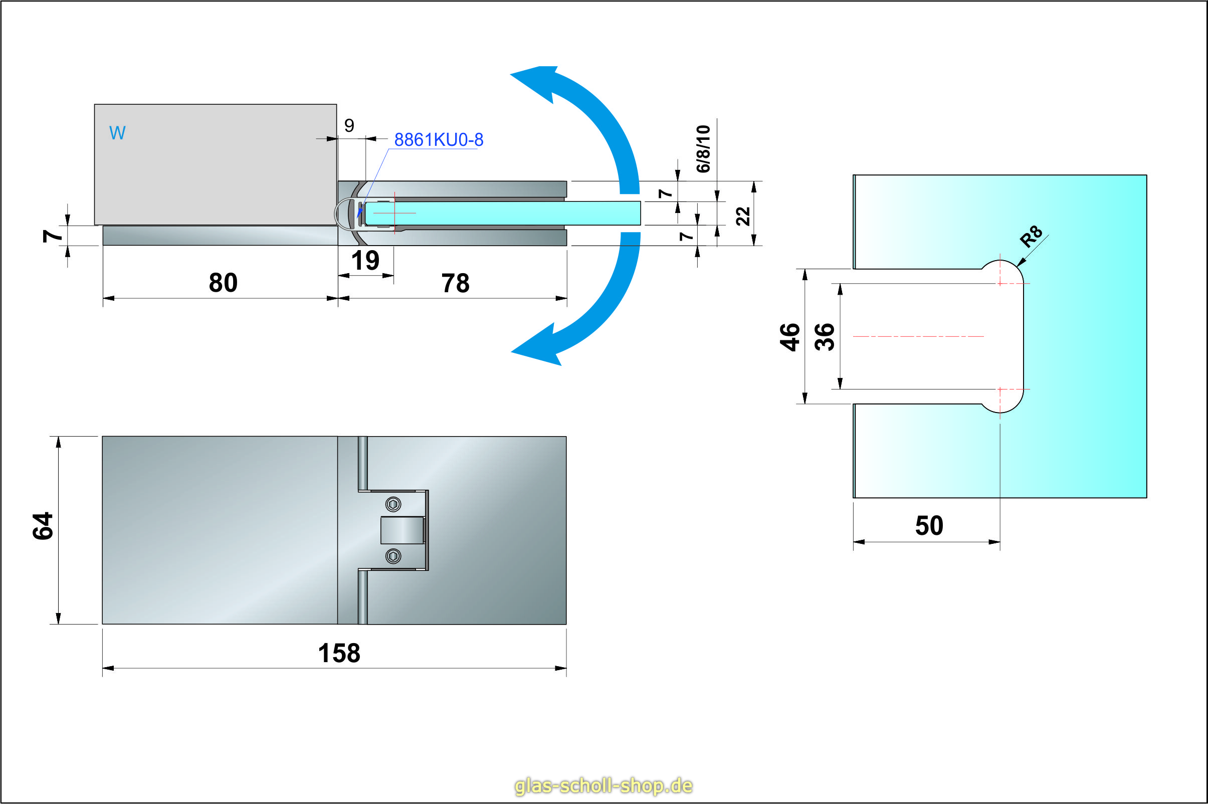 Artikelbild 6 des Artikels “Flamea+ 180° extrastark Glas-Wand Pendel-Duschtürband (verdeckte Verschraubung) “