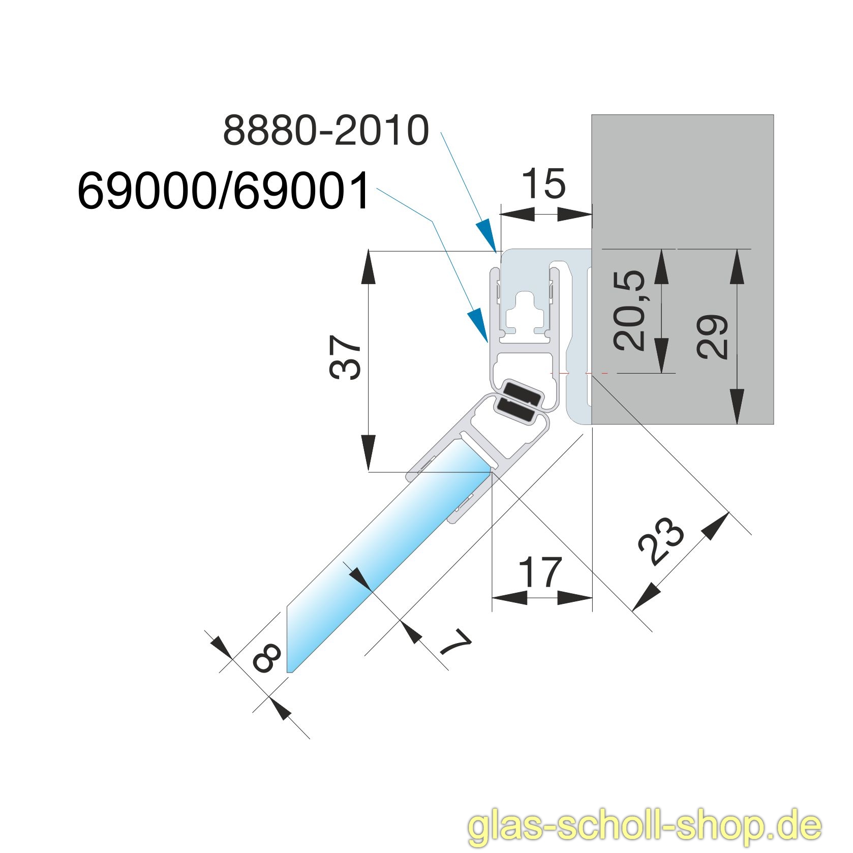 Artikelbild 6 des Artikels “Trägerprofil für Dichtungen als Türanschlag 2010 mm - E6/EV1 naturfarbig eloxiert“